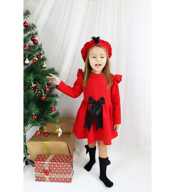 Kız Çocuk Kırmızı Sofia Pamuklu Fiyonk Detaylı 